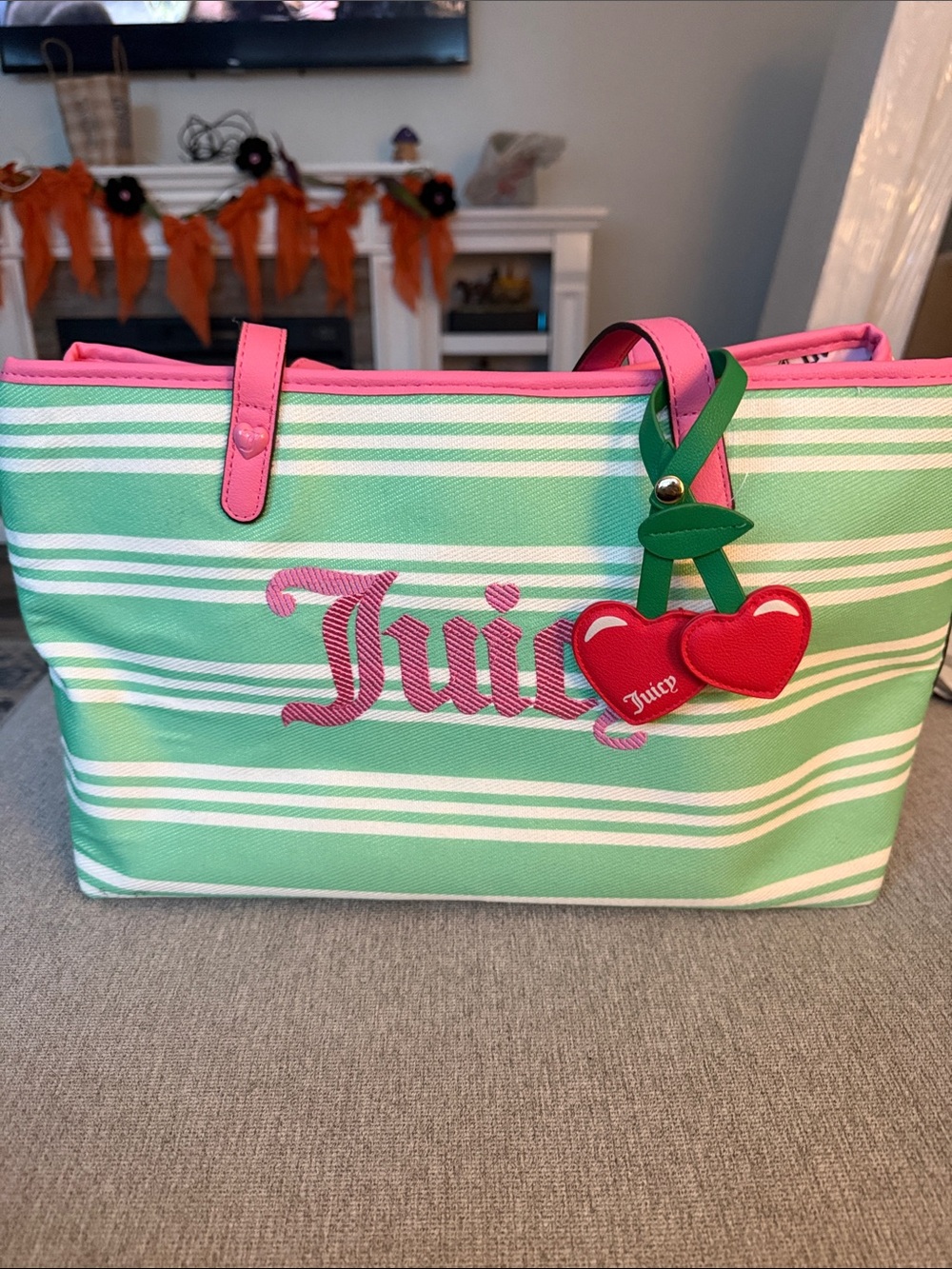 Juicy Couture Mint Green & Pink Striped Tote with Cherry Charm